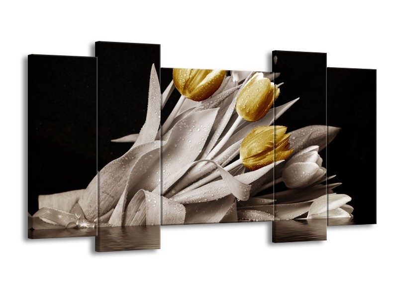 Canvas schilderij Tulpen | Geel, Wit, Zwart | 120x65 5Luik