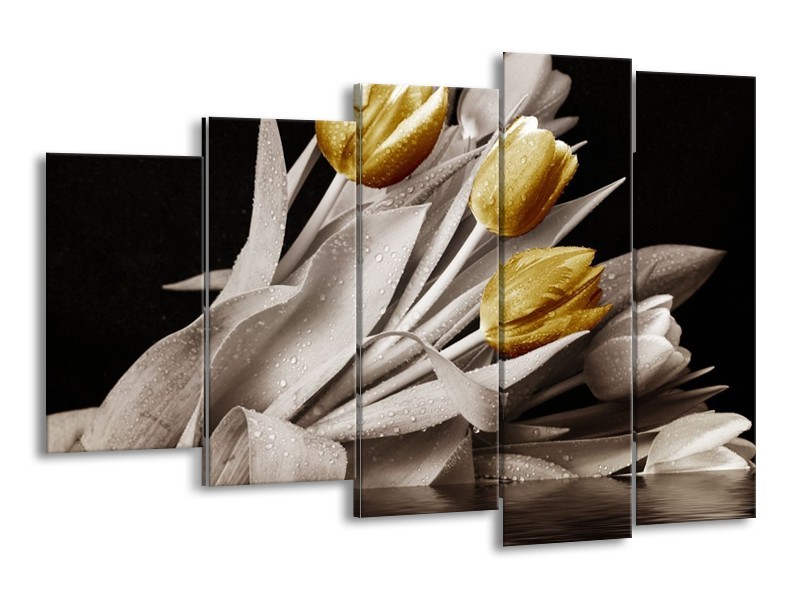 Canvas schilderij Tulpen | Geel, Wit, Zwart | 150x100cm 5Luik