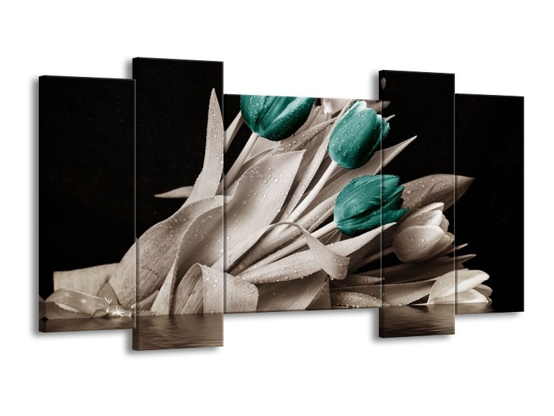 Canvas schilderij Tulpen | Blauw, Wit, Zwart | 120x65 5Luik