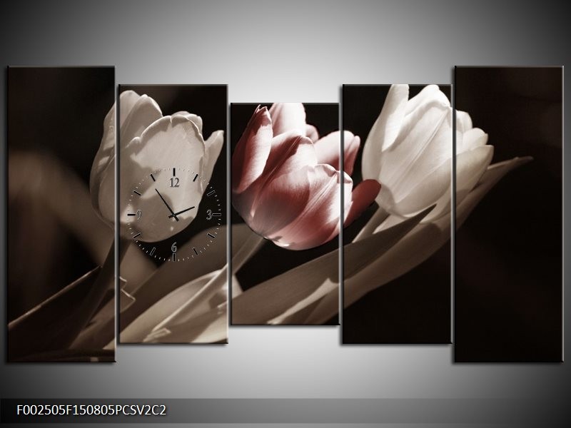 Klok schilderij Tulp | Bruin, Grijs, Wit | 150x80cm 5Luik