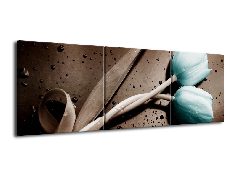 Canvas schilderij Tulp | Blauw, Grijs, Wit | 120x40cm 3Luik