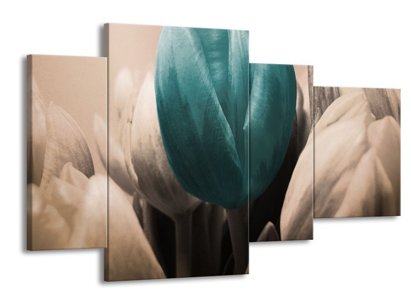 Canvas schilderij Tulp | Blauw, Grijs, Zwart | 120x75cm 4Luik