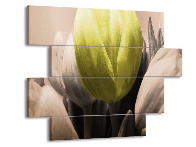 Canvas schilderij Tulp | Groen, Grijs, Zwart | 115x85cm 4Luik