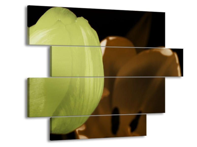 Canvas schilderij Tulp | Groen, Bruin, Zwart | 115x85cm 4Luik