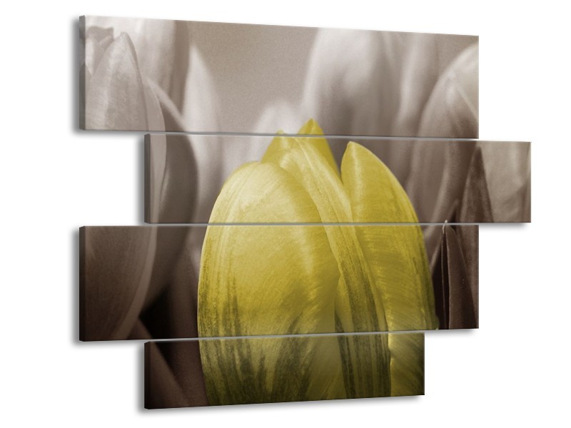 Canvas schilderij Tulp | Geel, Grijs, Zwart | 115x85cm 4Luik