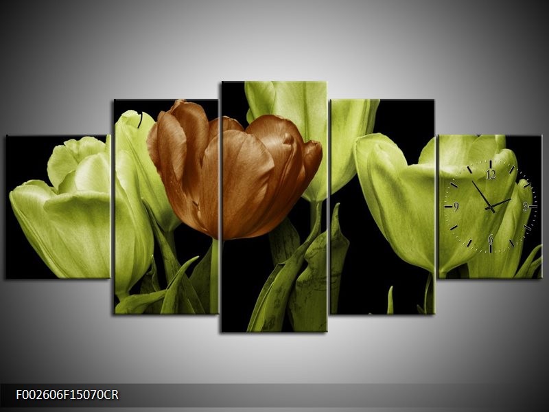 Klok schilderij Tulp | Groen, Bruin, Zwart | 150x70cm 5Luik