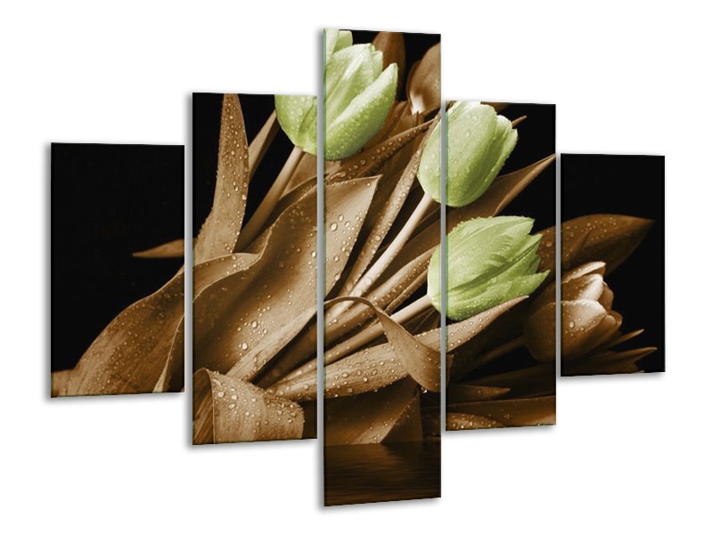 Canvas schilderij Tulp | Groen, Bruin, Zwart | 100x70cm 5Luik