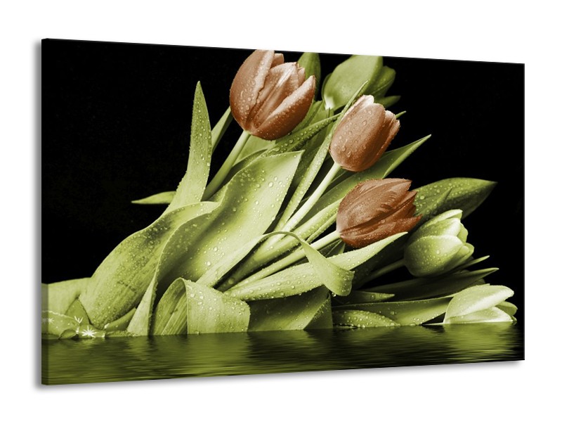 Canvas schilderij Tulp | Groen, Bruin, Zwart | 140x90cm 1Luik