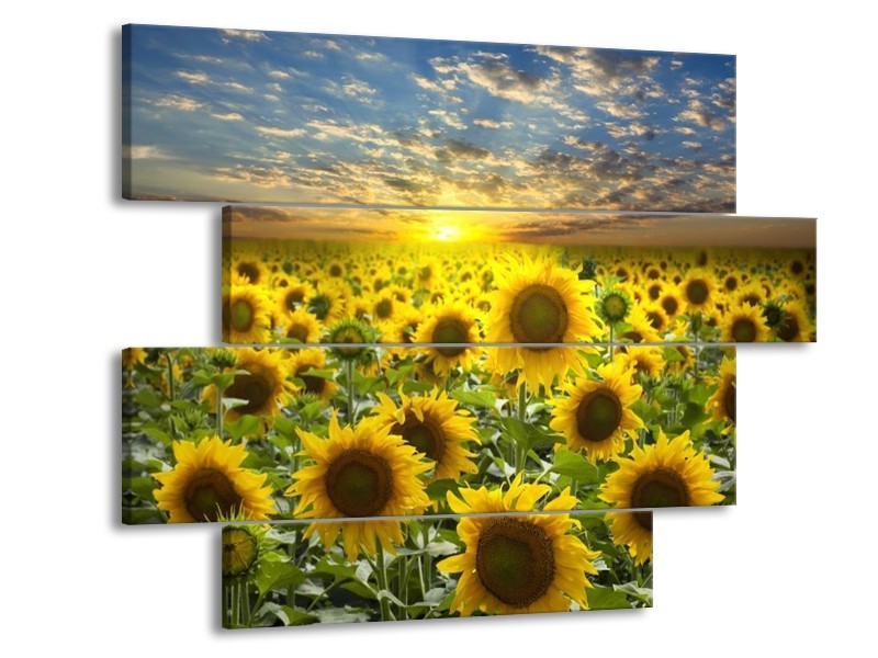 Canvas schilderij Zonnebloem | Geel, Groen, Bruin | 115x85cm 4Luik