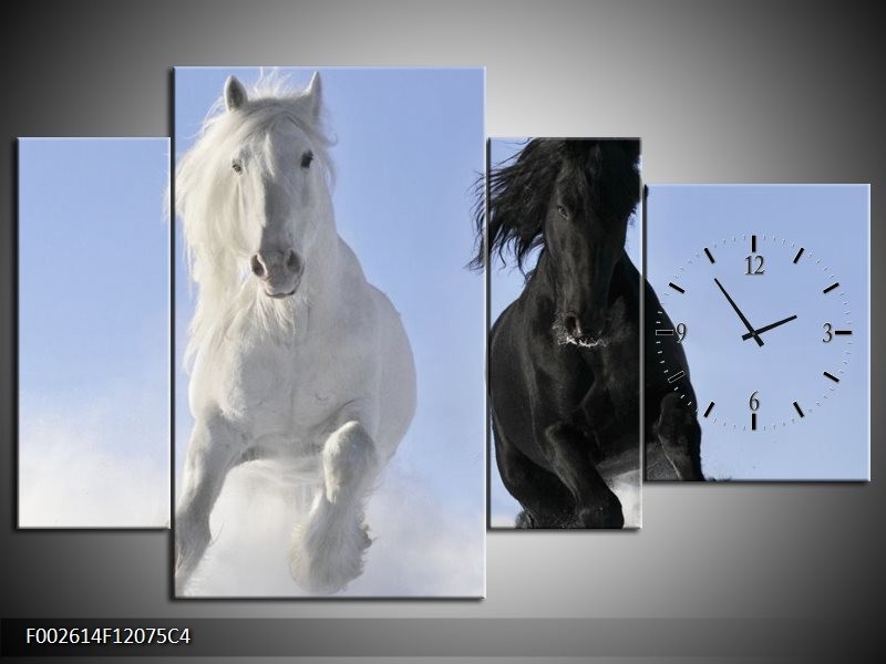 Klok schilderij Paarden | Wit, Zwart, Blauw | 120x75cm 4Luik