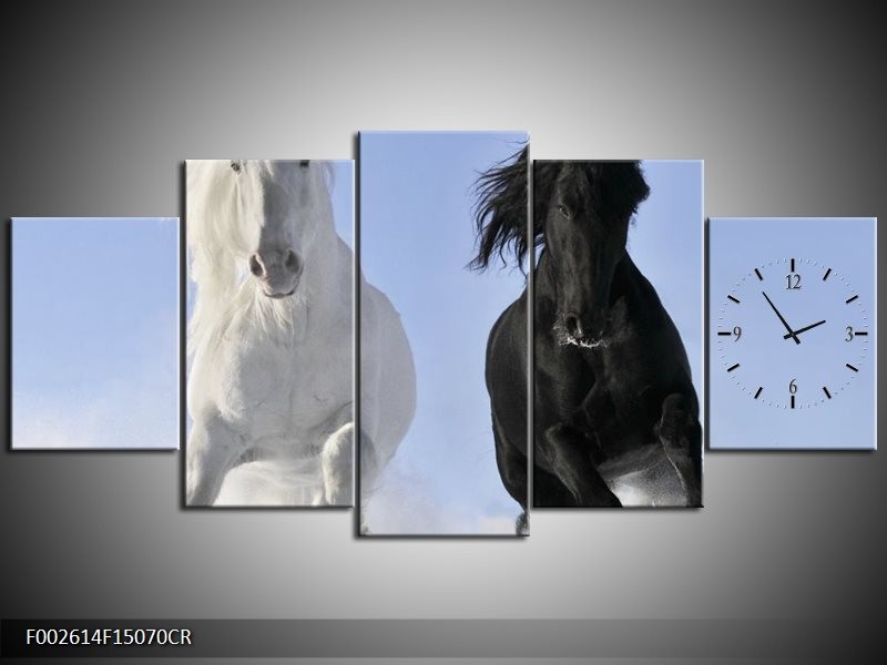 Klok schilderij Paarden | Wit, Zwart, Blauw | 150x70cm 5Luik