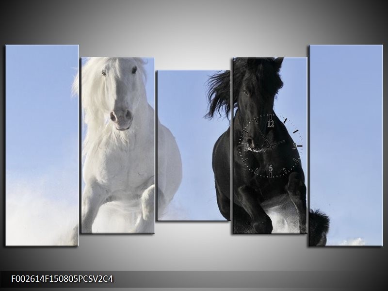 Klok schilderij Paarden | Wit, Zwart, Blauw | 150x80cm 5Luik
