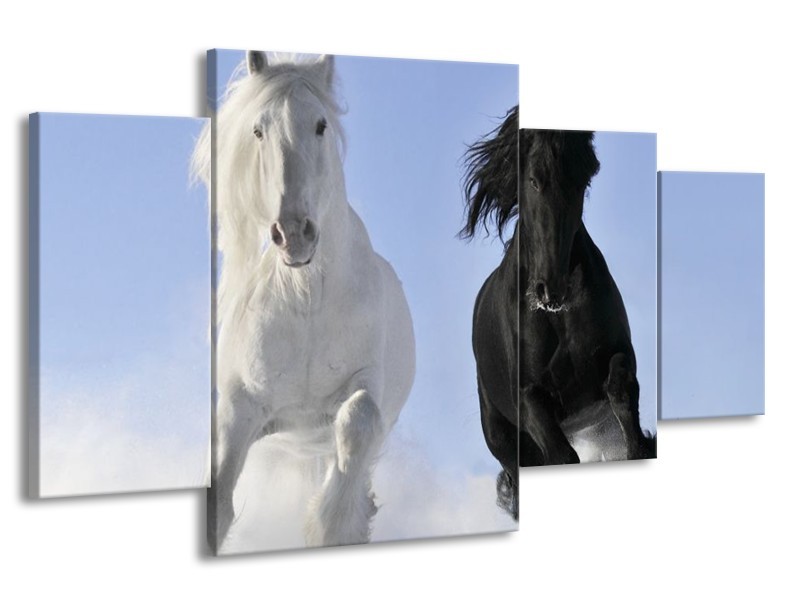 Canvas schilderij Paarden | Wit, Zwart, Blauw | 160x90cm 4Luik