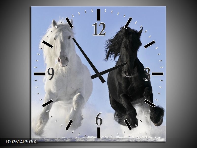Klok schilderij Paarden | Wit, Zwart, Blauw | 30x30cm 1Luik