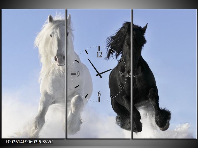 Klok schilderij Paarden | Wit, Zwart, Blauw | 90x60cm 3Luik