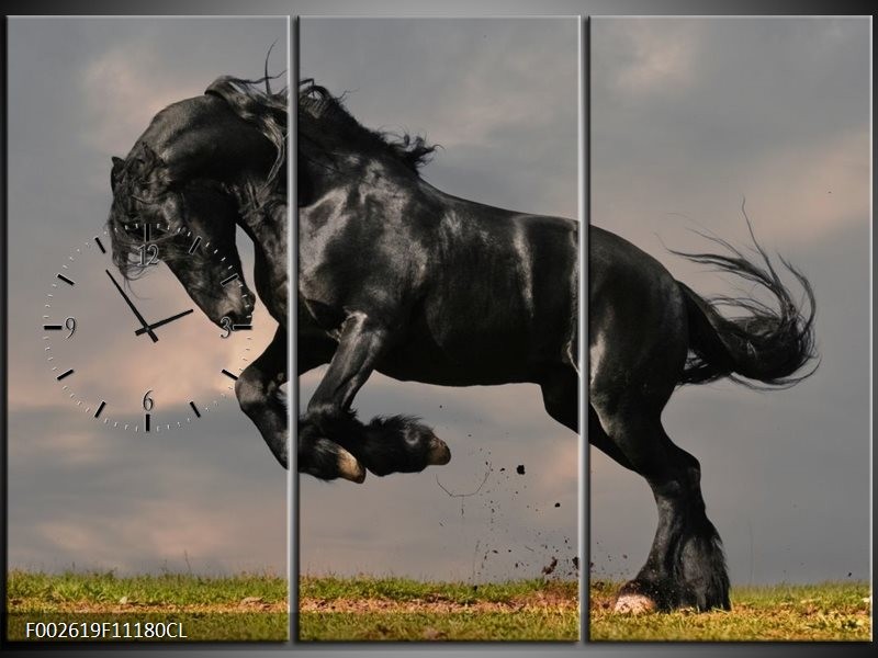 Klok schilderij Paarden | Zwart, Wit, Grijs | 111x80cm 3Luik