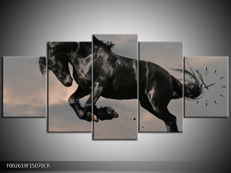 Klok schilderij Paarden | Zwart, Wit, Grijs | 150x70cm 5Luik