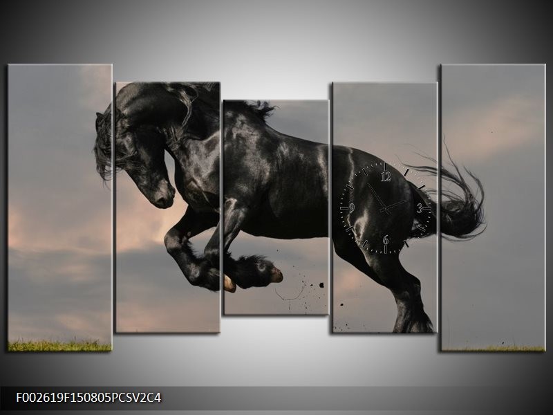 Klok schilderij Paarden | Zwart, Wit, Grijs | 150x80cm 5Luik