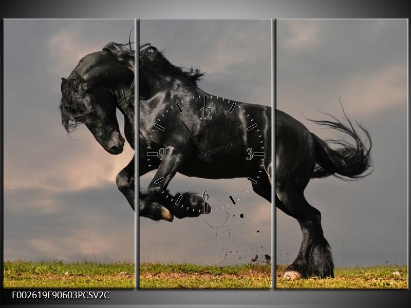 Klok schilderij Paarden | Zwart, Wit, Grijs | 90x60cm 3Luik