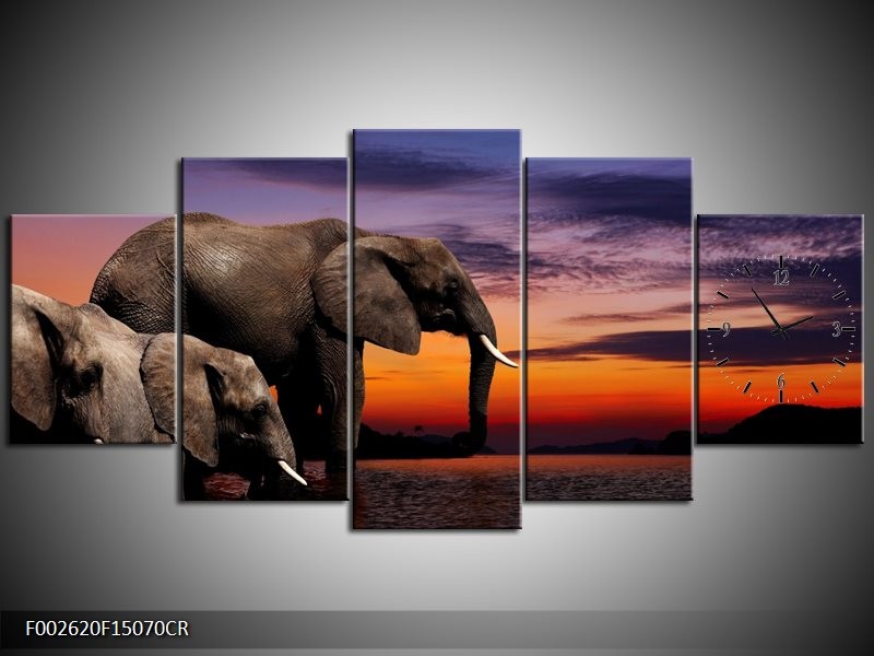 Klok schilderij Olifant | Grijs, Oranje, Paars | 150x70cm 5Luik