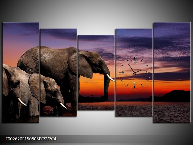 Klok schilderij Olifant | Grijs, Oranje, Paars | 150x80cm 5Luik