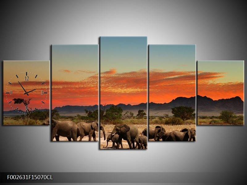 Klok schilderij Olifant | Oranje, Grijs, Blauw | 150x70cm 5Luik