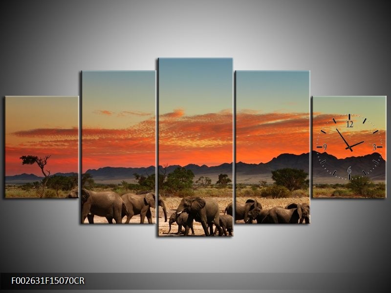 Klok schilderij Olifant | Oranje, Grijs, Blauw | 150x70cm 5Luik