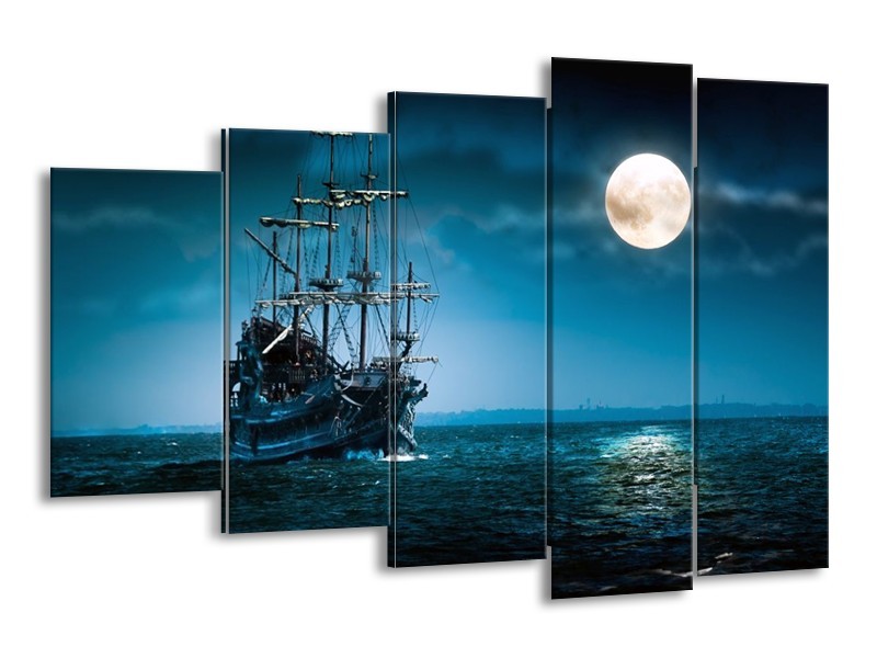 Canvas schilderij Boot | Blauw, Wit, Zwart | 150x100cm 5Luik