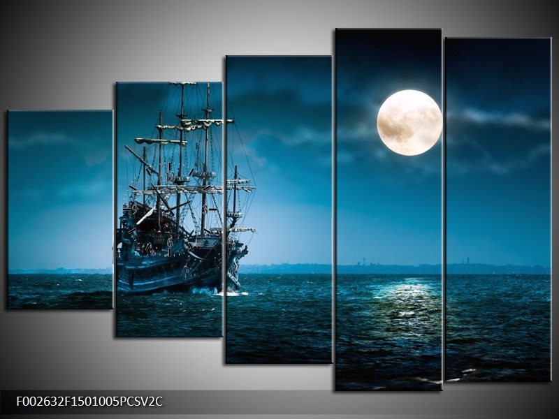 Klok schilderij Boot | Blauw, Wit, Zwart | 150x100cm 5Luik