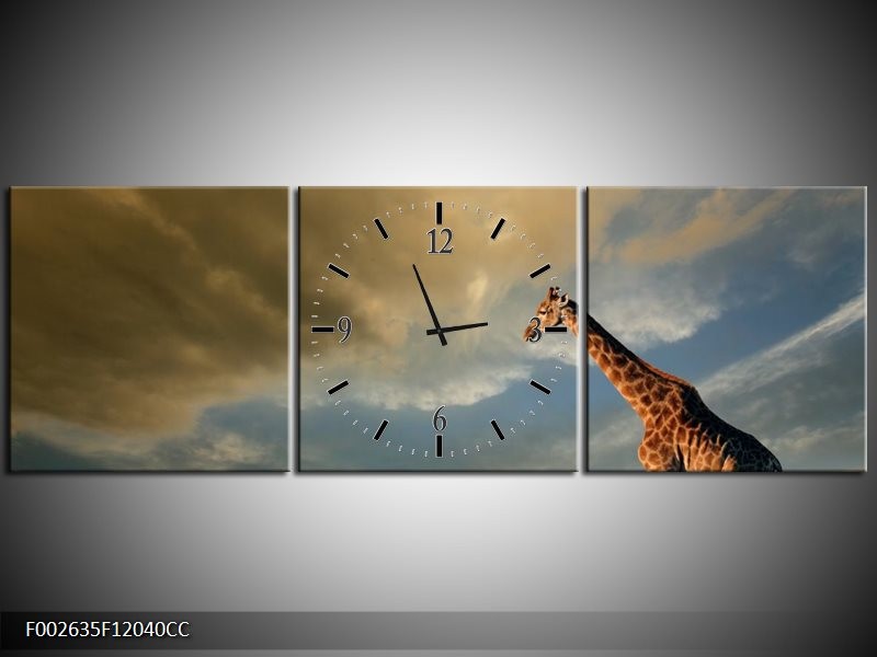 Klok schilderij Giraffe | Bruin, Grijs, Blauw | 120x40cm 3Luik