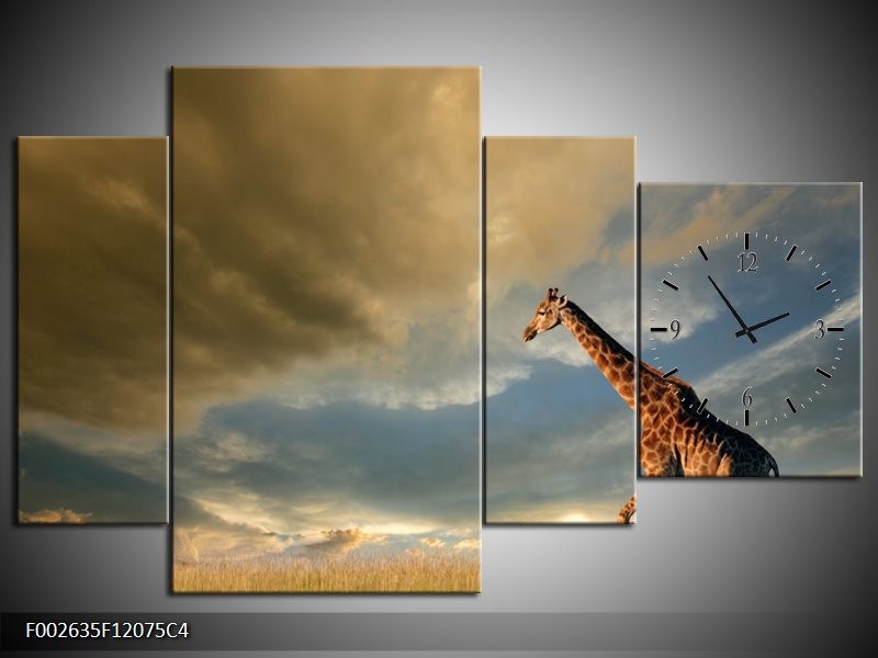 Klok schilderij Giraffe | Bruin, Grijs, Blauw | 120x75cm 4Luik