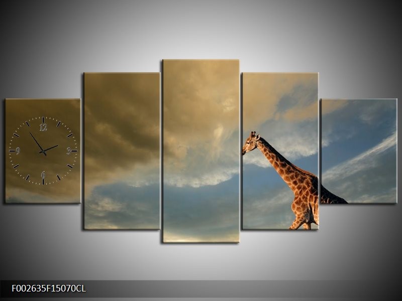 Klok schilderij Giraffe | Bruin, Grijs, Blauw | 150x70cm 5Luik