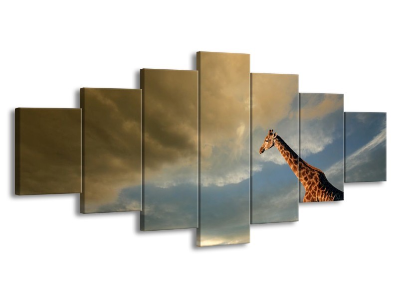 Canvas schilderij Giraffe | Bruin, Grijs, Blauw | 210x100cm 7Luik