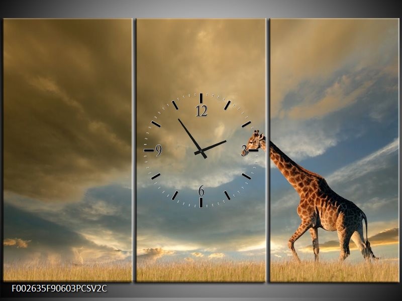 Klok schilderij Giraffe | Bruin, Grijs, Blauw | 90x60cm 3Luik