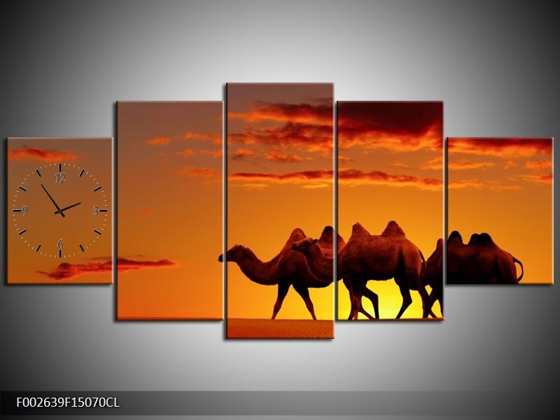 Klok schilderij Kameel | Oranje, Bruin, Geel | 150x70cm 5Luik