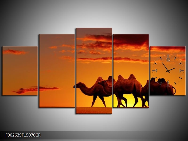 Klok schilderij Kameel | Oranje, Bruin, Geel | 150x70cm 5Luik