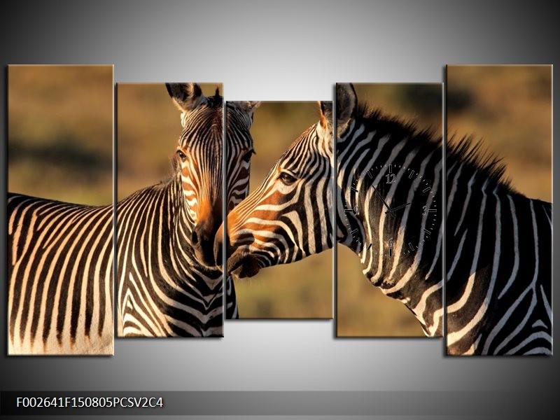Klok schilderij Zebra | Zwart, Wit, Bruin | 150x80cm 5Luik