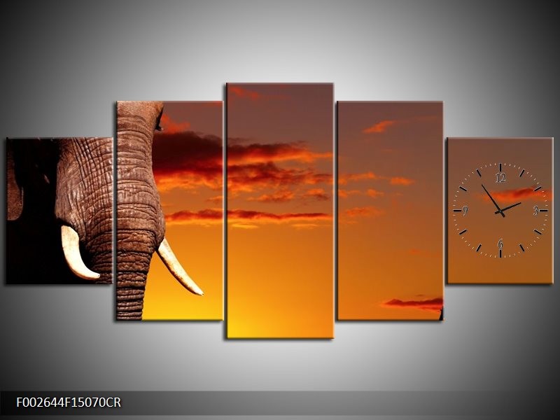 Klok schilderij Olifant | Bruin, Geel, Oranje | 150x70cm 5Luik