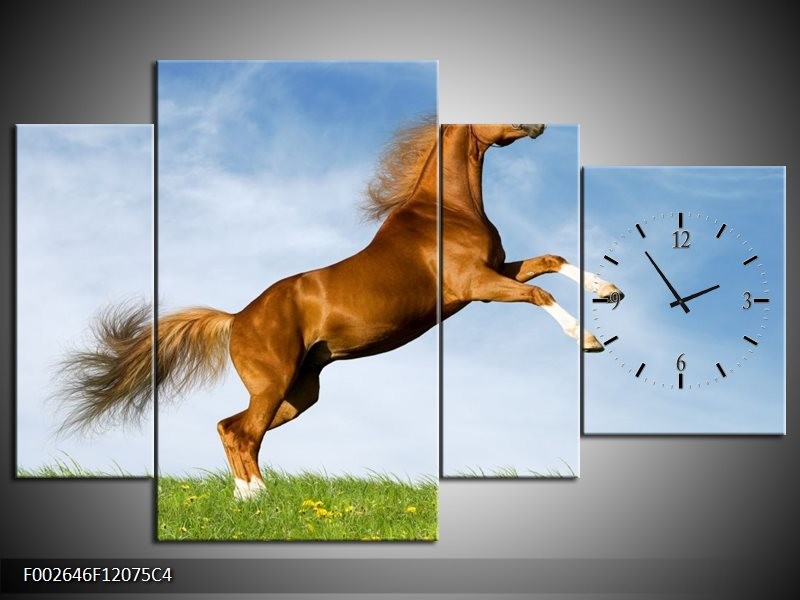 Klok schilderij Paard | Bruin, Blauw, Wit | 120x75cm 4Luik