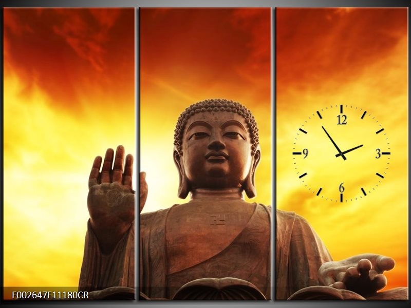 Klok schilderij Boeddha | Geel, Bruin, Oranje | 111x80cm 3Luik