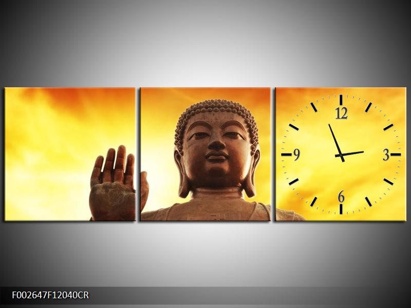 Klok schilderij Boeddha | Geel, Bruin, Oranje | 120x40cm 3Luik