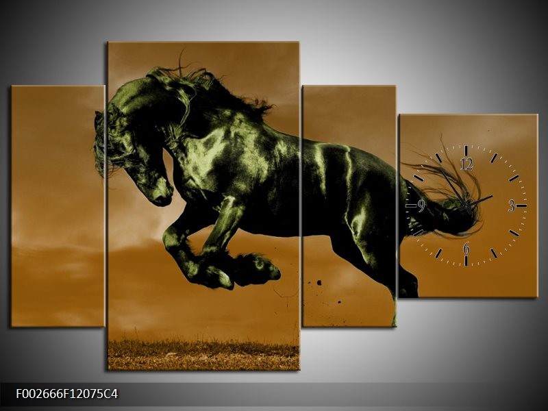 Klok schilderij Paard | Bruin, Groen, Zwart | 120x75cm 4Luik