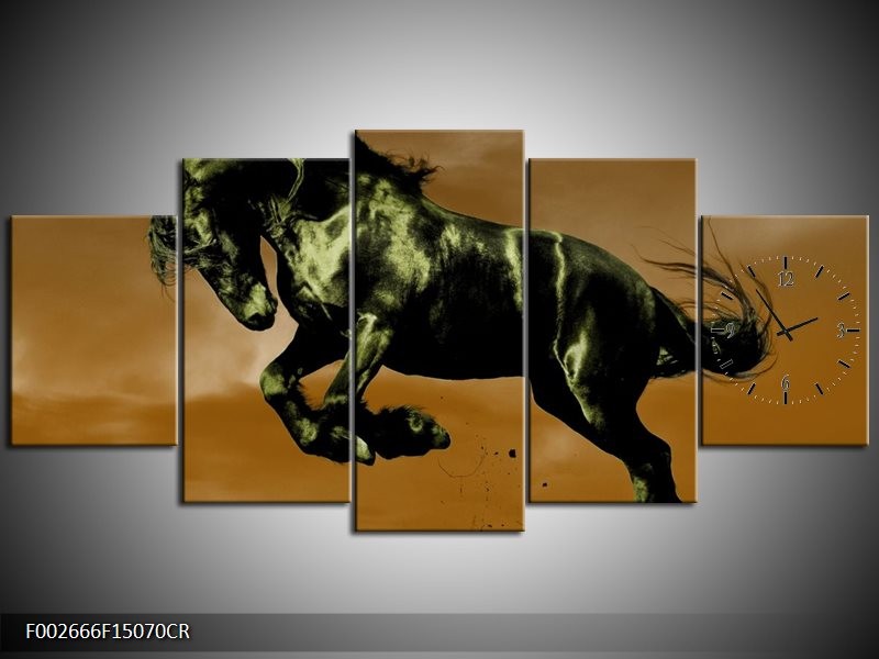 Klok schilderij Paard | Bruin, Groen, Zwart | 150x70cm 5Luik