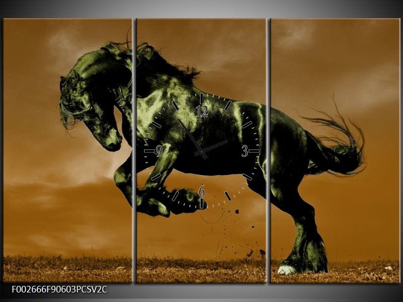 Klok schilderij Paard | Bruin, Groen, Zwart | 90x60cm 3Luik
