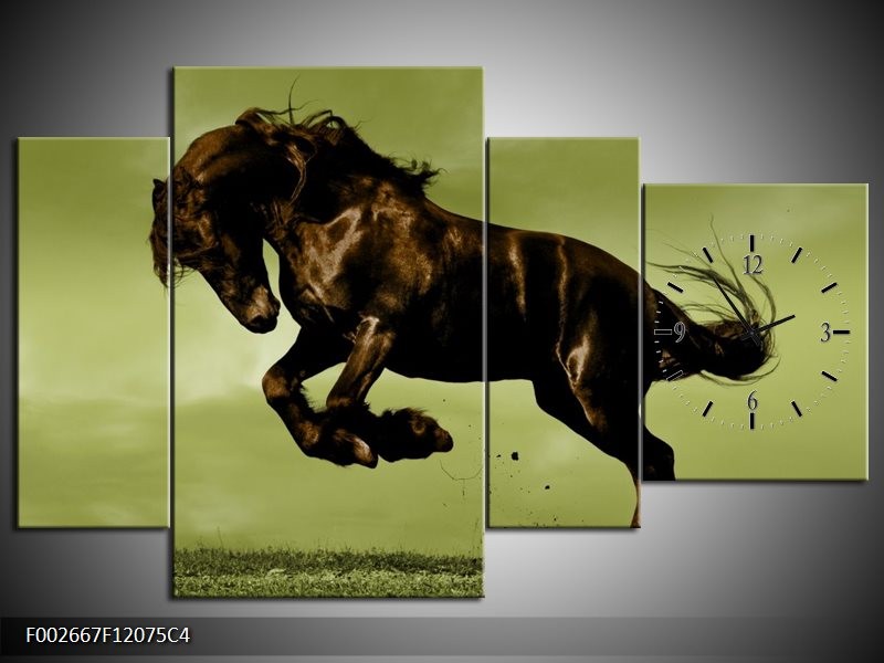 Klok schilderij Paard | Bruin, Groen, Zwart | 120x75cm 4Luik