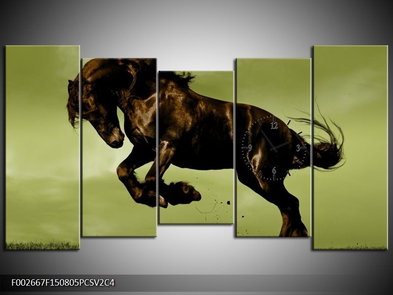 Klok schilderij Paard | Bruin, Groen, Zwart | 150x80cm 5Luik