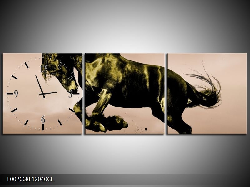 Klok schilderij Paard | Bruin, Groen, Zwart | 120x40cm 3Luik