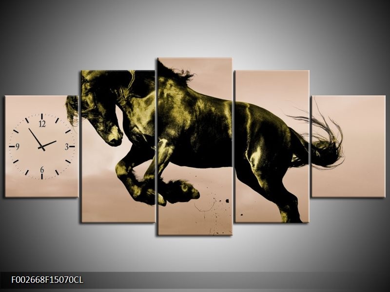 Klok schilderij Paard | Bruin, Groen, Zwart | 150x70cm 5Luik