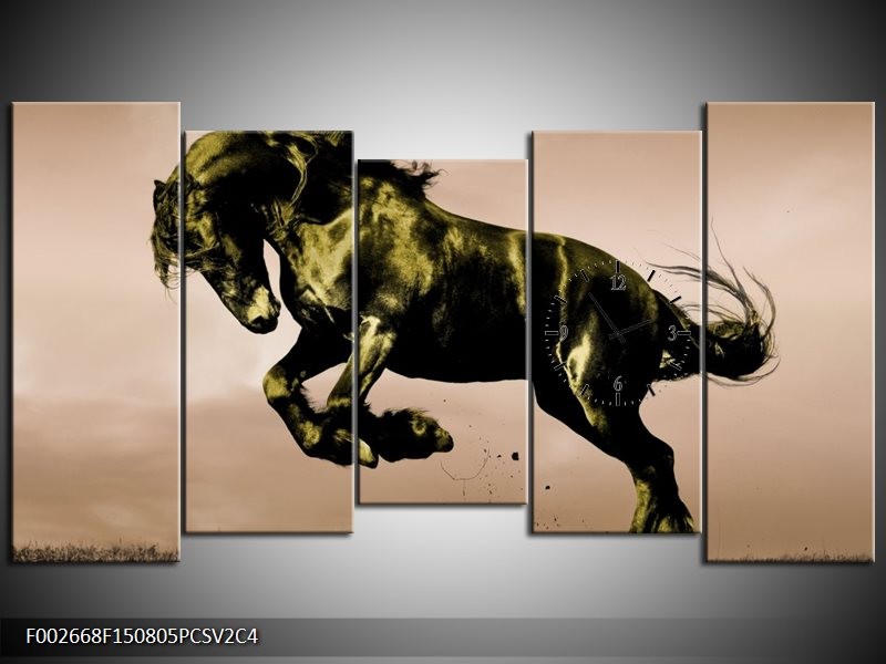 Klok schilderij Paard | Bruin, Groen, Zwart | 150x80cm 5Luik