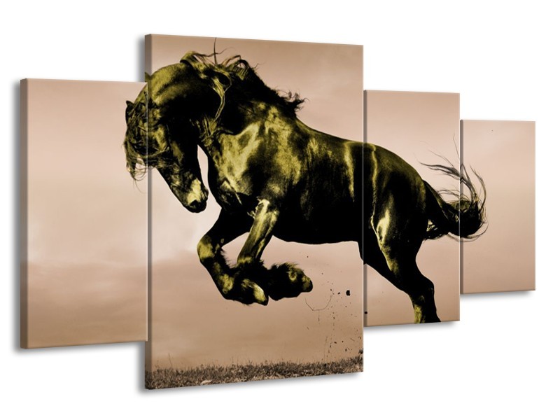 Canvas schilderij Paard | Bruin, Groen, Zwart | 160x90cm 4Luik